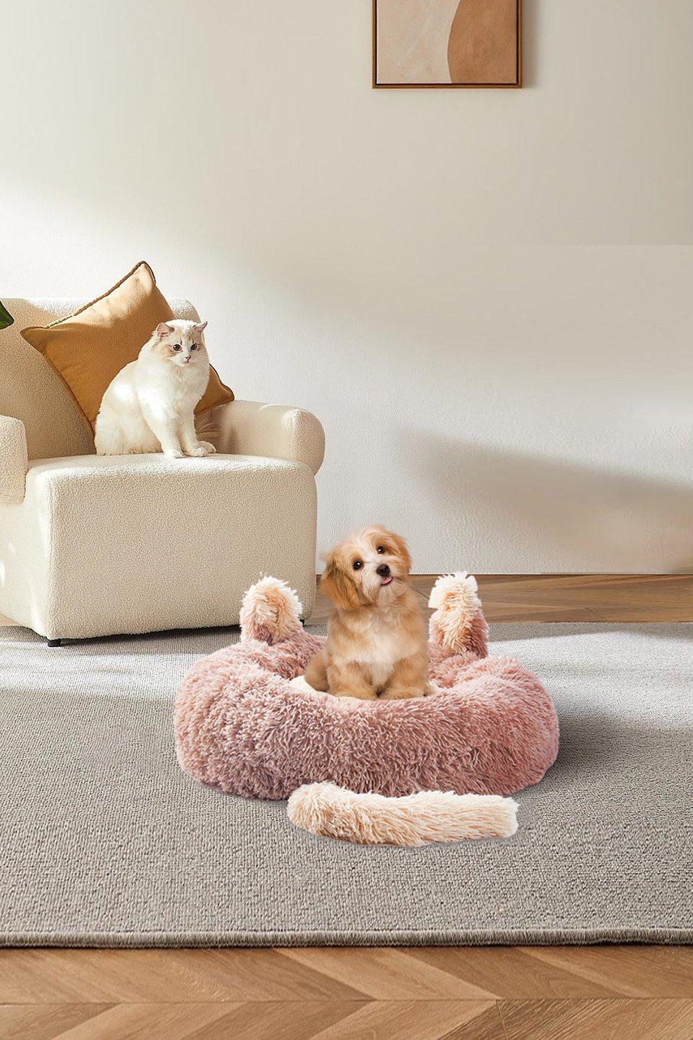 Round Plush Pet Dog Cat Calming Bed with Cute Ears 60x60cm